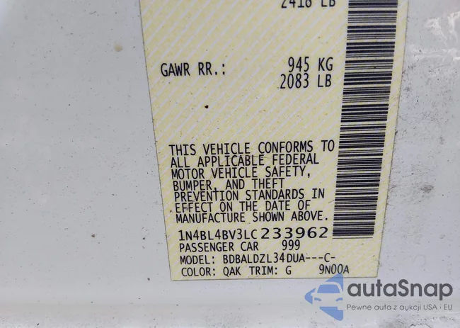 1N4BL4BV3LC233962: 44111718