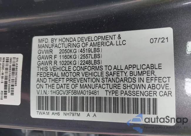 1HGCV3F58MA019481: 44111916