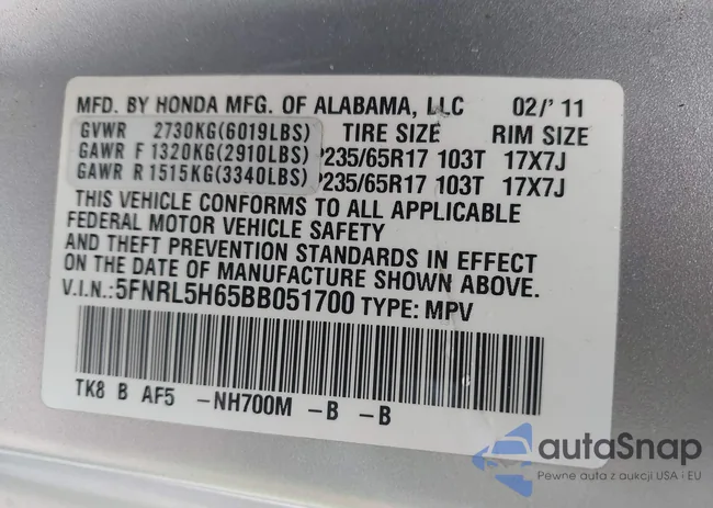 5FNRL5H65BB051700: 44112702