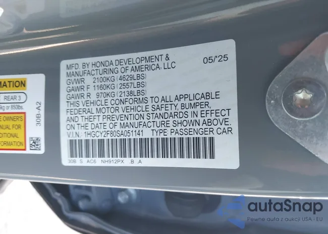 1HGCY2F80SA051141: 44112467