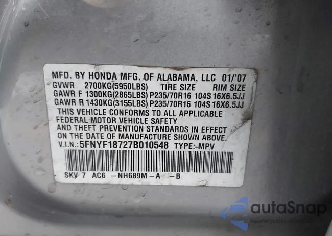 5FNYF18727B010548: 44114030