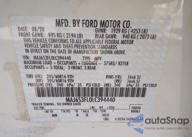 MAJ6S3FL0LC394440: 44113301