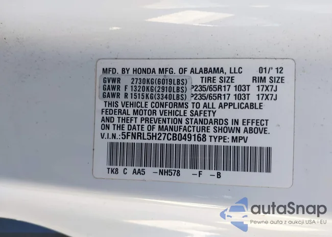 5FNRL5H27CB049168: 44114122
