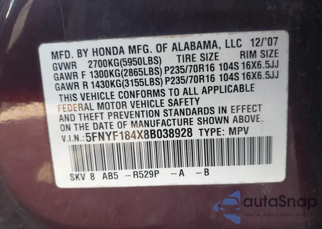 5FNYF184X8B038928: 44114232