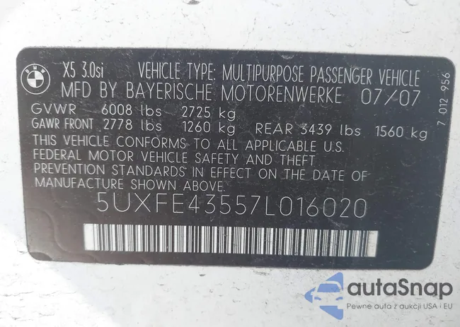 5UXFE43557L016020: 44115283