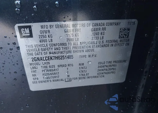 2GNALCEK7H6251485: 44116129