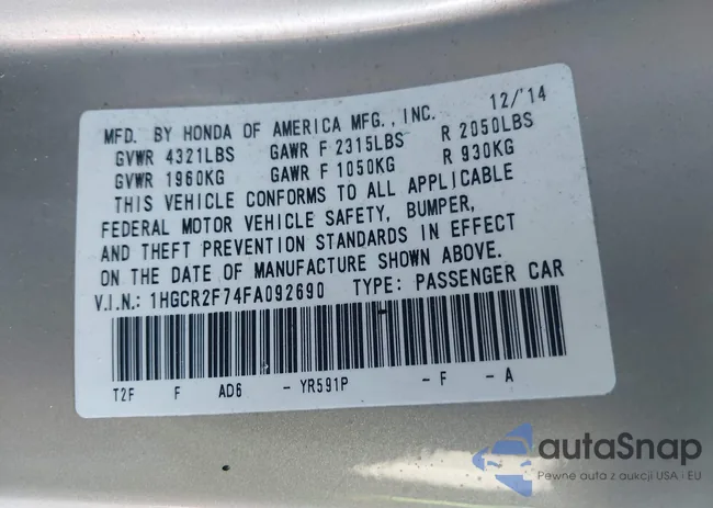 1HGCR2F74FA092690: 44116143