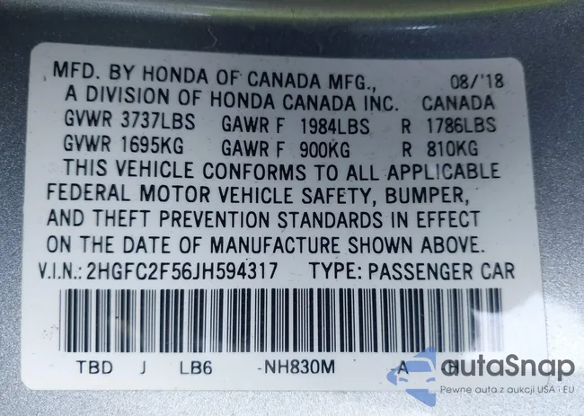 2HGFC2F56JH594317: 44117325