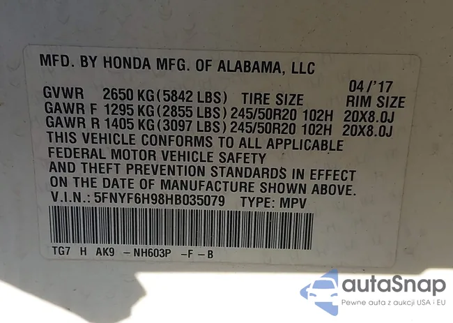 5FNYF6H98HB035079: 44121777