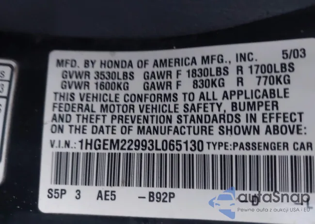 1HGEM22993L065130: 44122068