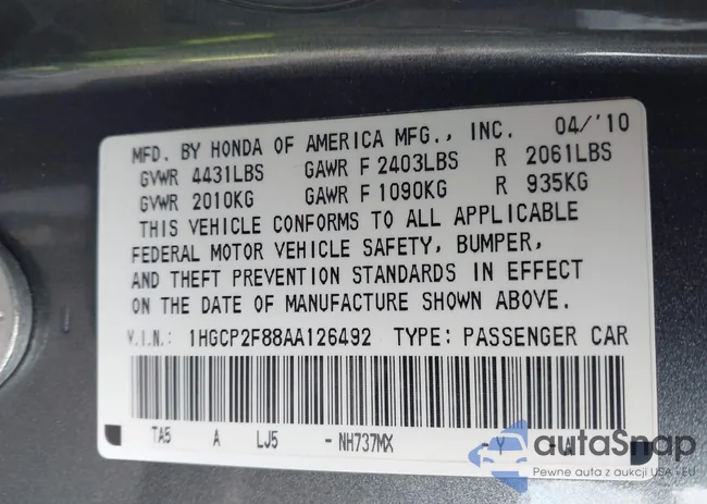 1HGCP2F88AA126492: 44122582