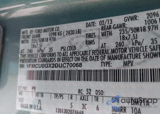 1FMCU0GX2DUC70068: 44122959