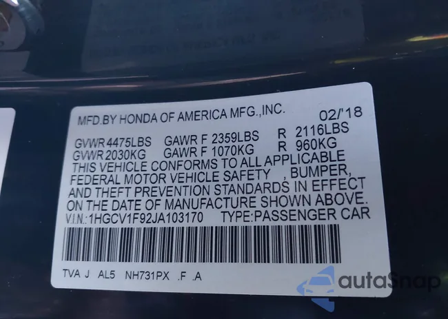 1HGCV1F92JA103170: 44122177