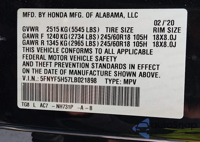 5FNYF5H57LB021898: 44123682