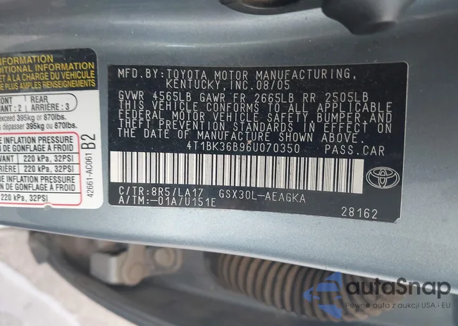 4T1BK36B96U070350: 44125016