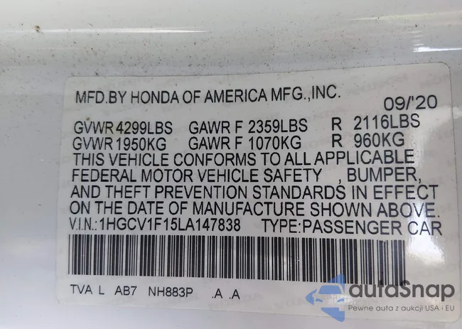 1HGCV1F15LA147838: 44125873