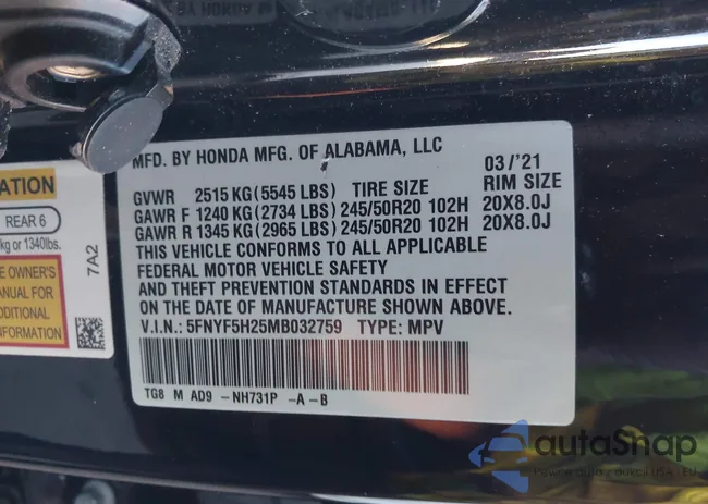 5FNYF5H25MB032759: 44125325