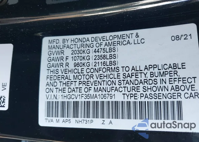 1HGCV1F35MA106791: 44126610