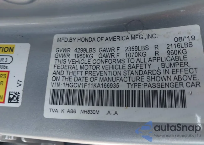 1HGCV1F11KA166935: 44127400