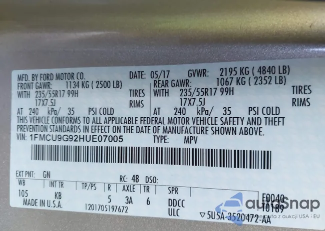 1FMCU9G92HUE07005: 44129935