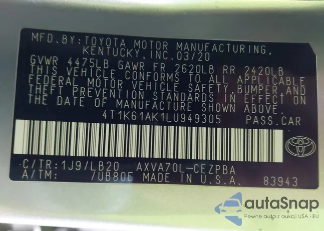 4T1K61AK1LU949305: 44130241