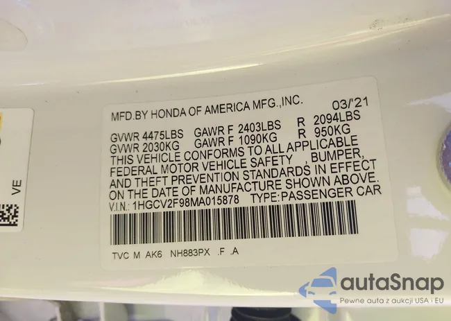 1HGCV2F98MA015878: 44131476