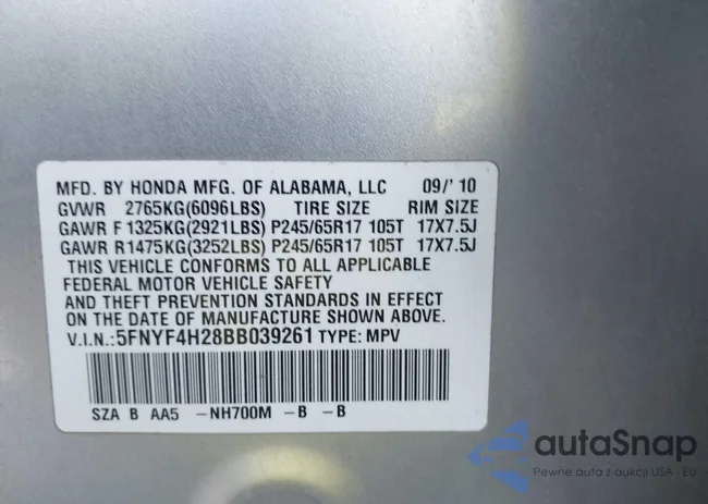 5FNYF4H28BB039261: 44131485