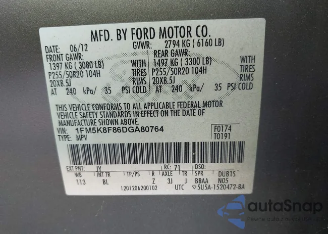 1FM5K8F86DGA80764: 44131692