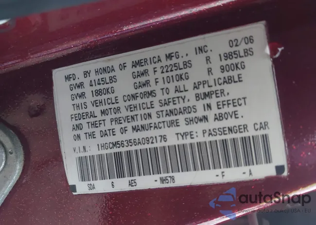 1HGCM56356A092176: 44131256