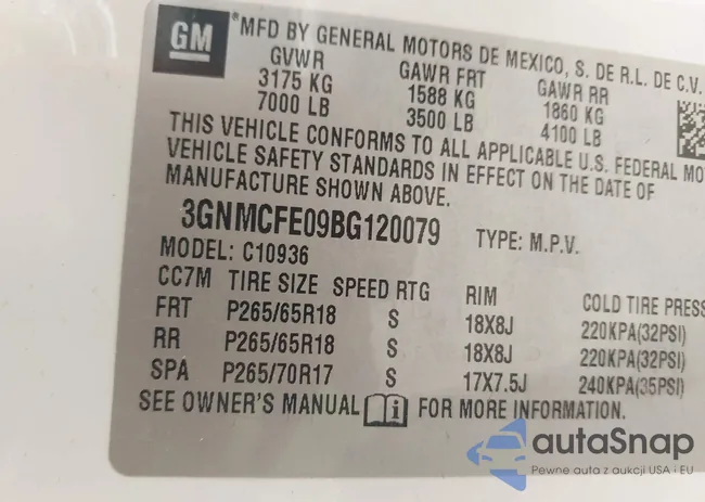 3GNMCFE09BG120079: 44131347