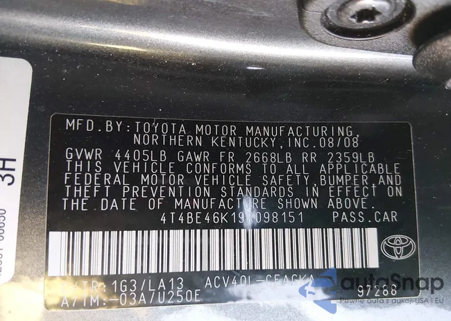 4T4BE46K19R098151: 44132641