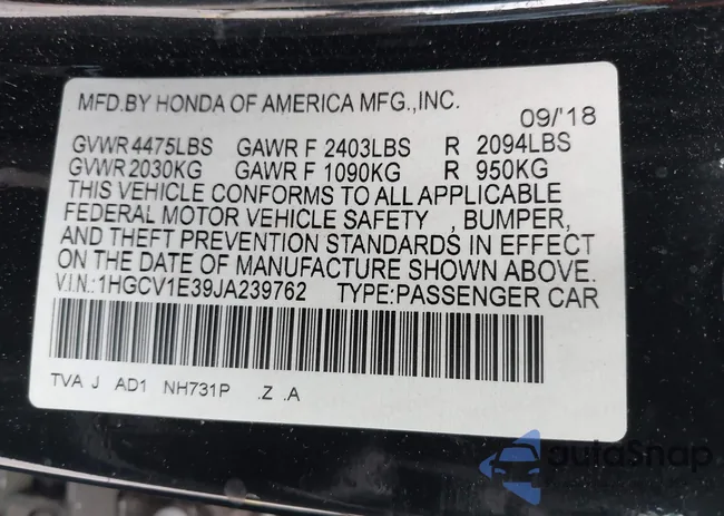 1HGCV1E39JA239762: 44132170