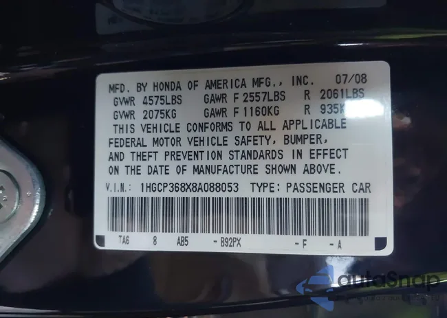 1HGCP368X8A088053: 44133266