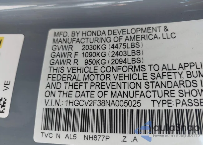 1HGCV2F38NA005025: 44134919