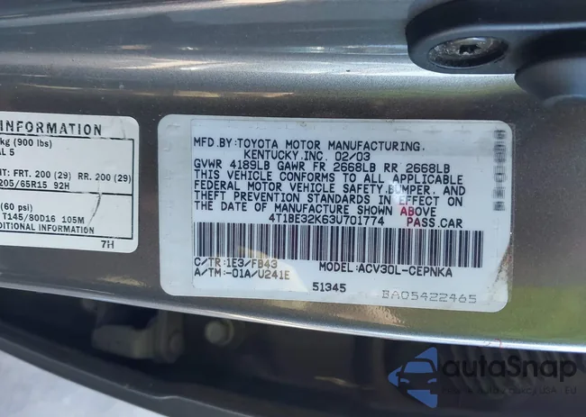 4T1BE32K63U701774: 44134140