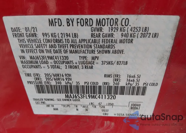 MAJ6S3FL9MC411320: 44136097