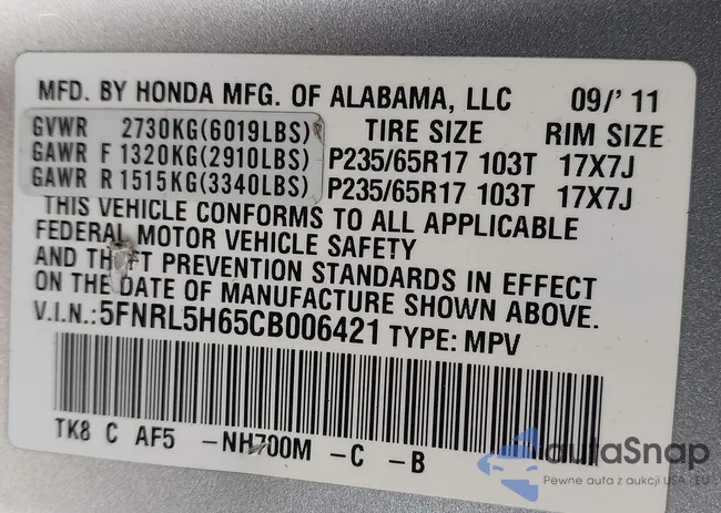 5FNRL5H65CB006421: 44137125