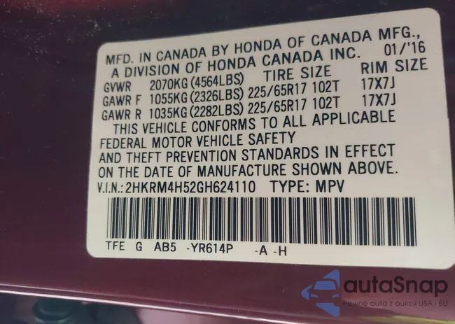 2HKRM4H52GH624110: 44140157