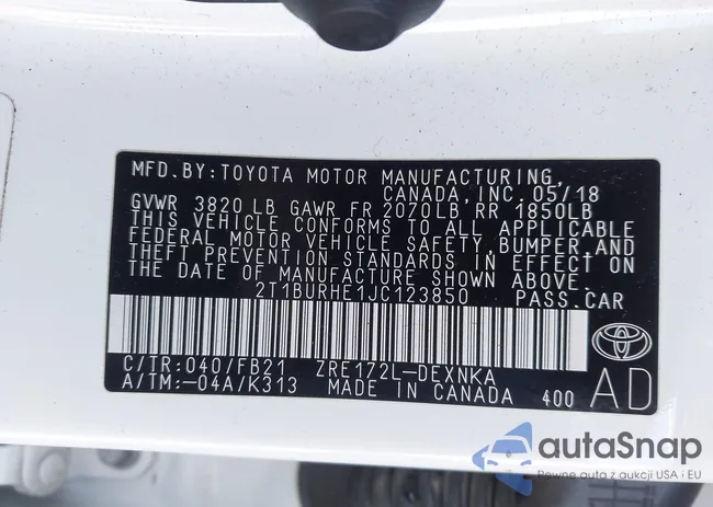 2T1BURHE1JC123850: 44144789