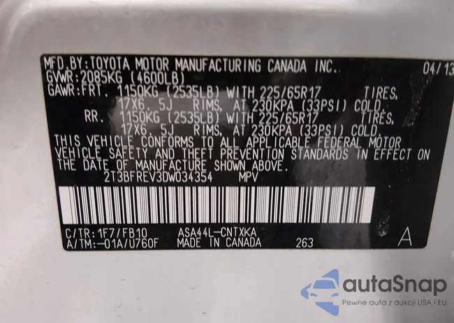 2T3BFREV3DW034354: 44146122