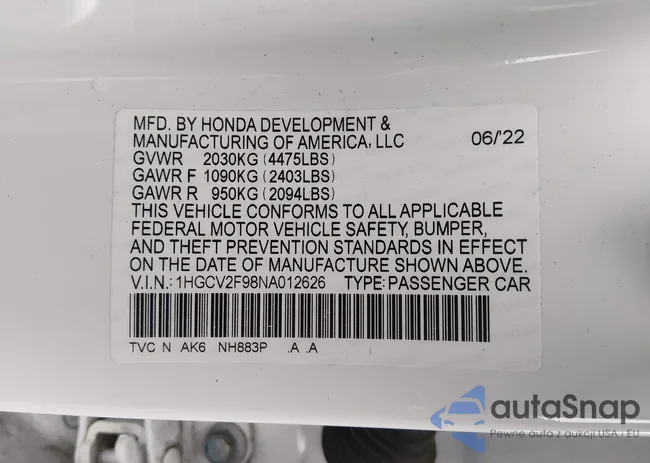1HGCV2F98NA012626: 44147654