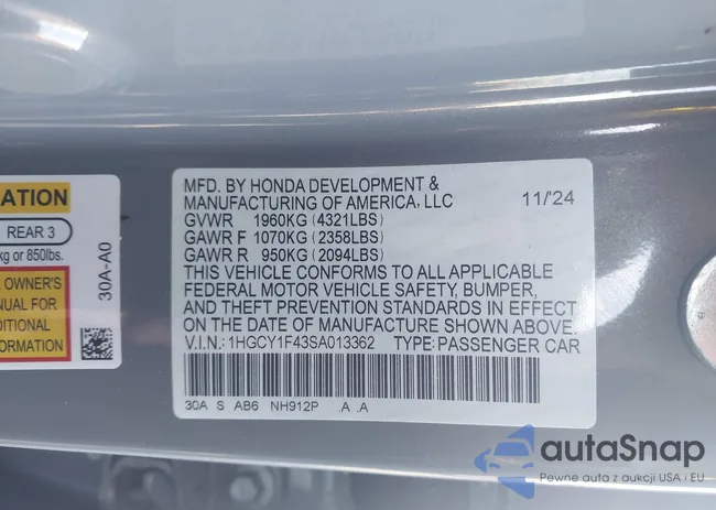 1HGCY1F43SA013362: 44148267