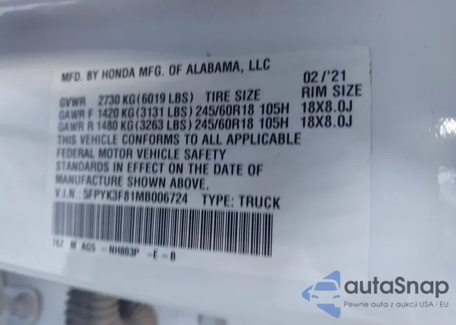 5FPYK3F81MB006724: 44150025