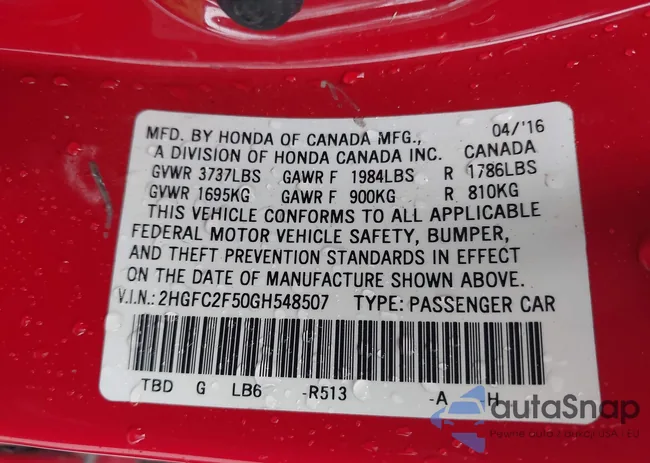 2HGFC2F50GH548507: 44151055