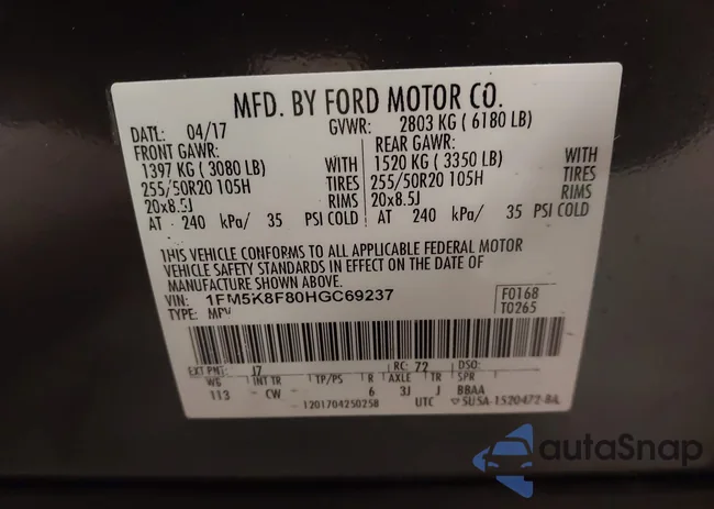 1FM5K8F80HGC69237: 44151231