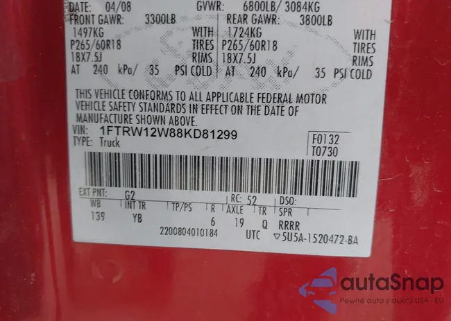 1FTRW12W88KD81299: 44154142
