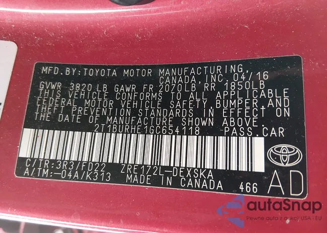 2T1BURHE1GC654118: 44154277