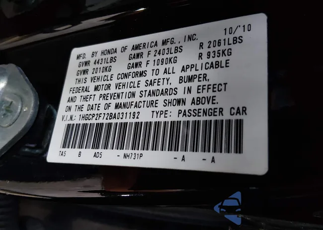 1HGCP2F72BA031192: 44160505