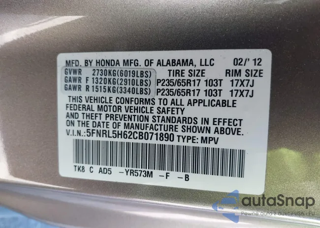 5FNRL5H62CB071890: 44161719