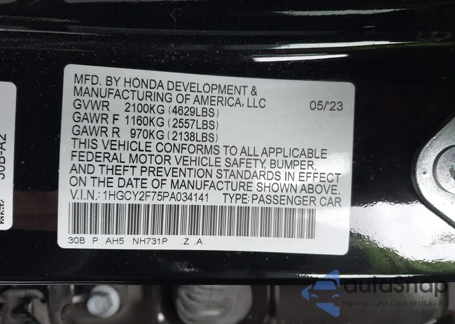 1HGCY2F75PA034141: 44161837